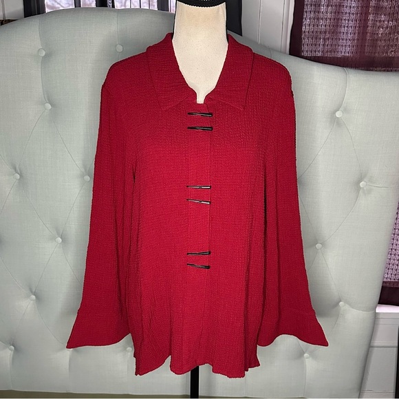 3/$20 💥 Indigo Moon Red Tunic Top Lagenlook Bell Sleeve Button Front Collared - Picture 11 of 16